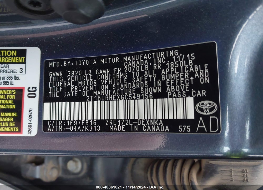 2016 TOYOTA COROLLA VIN: 2T1BURHEXGC549156