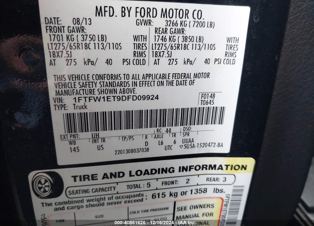 2013 FORD F-150 XLT VIN: 1FTFW1ET9DFD09924
