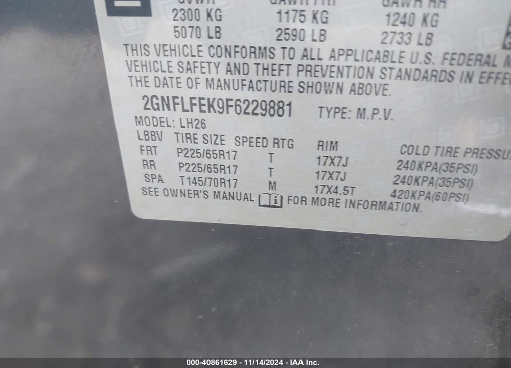 2015 CHEVROLET EQUINOX 1LT VIN: 2GNFLFEK9F6229881