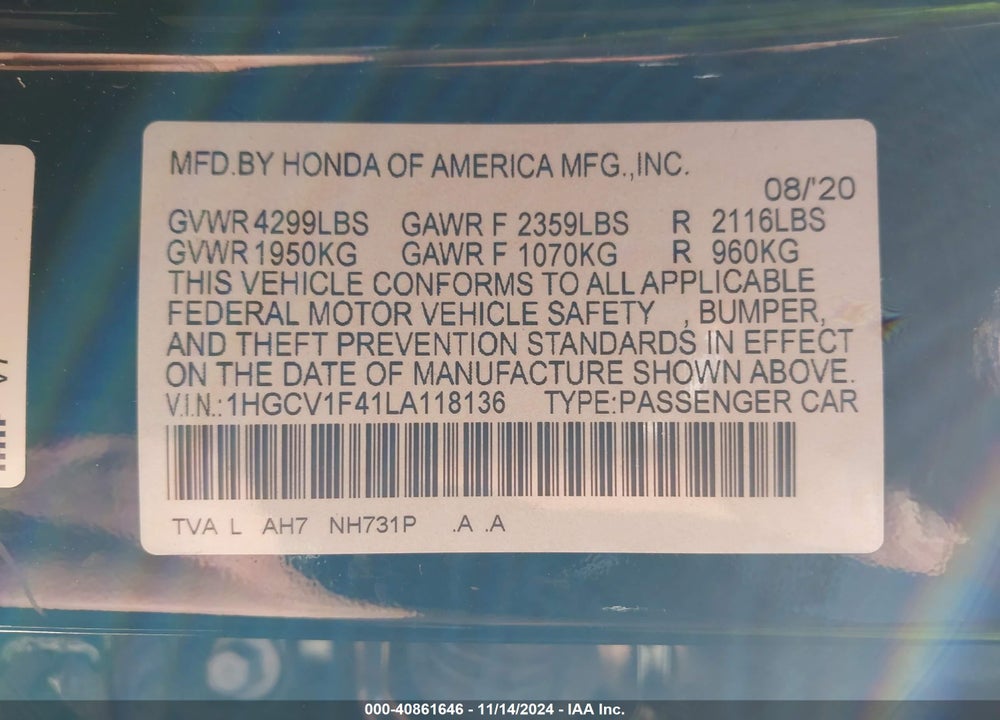 2020 HONDA ACCORD EX VIN: 1HGCV1F41LA118136