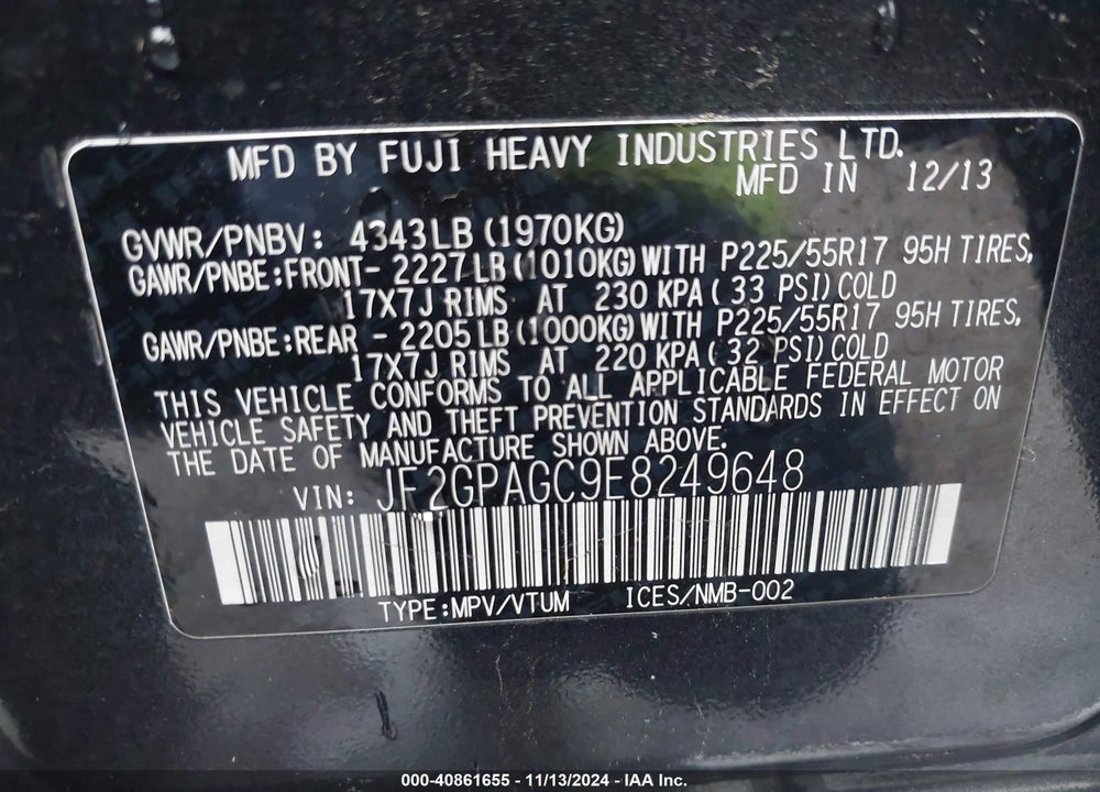 2014 SUBARU XV CROSSTREK 2.0I LIMITED VIN: JF2GPAGC9E8249648