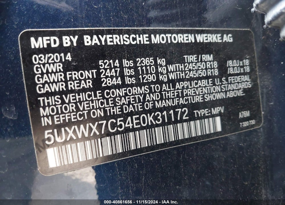 2014 BMW X3 XDRIVE35I VIN: 5UXWX7C54E0K31172