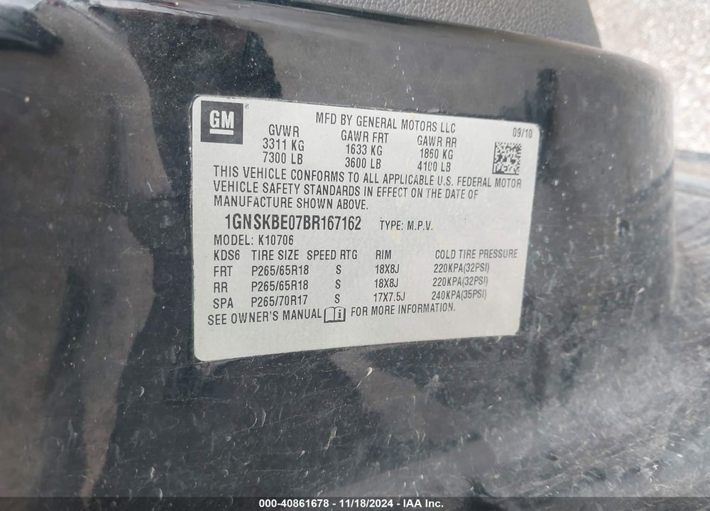 2011 CHEVROLET TAHOE VIN: 1GNSKBE07BR167162