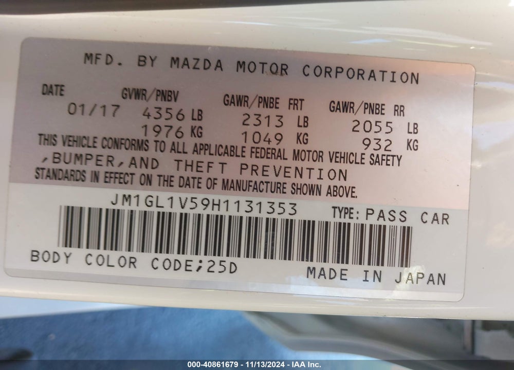 2017 MAZDA 6 TOURING VIN: JM1GL1V59H1131353