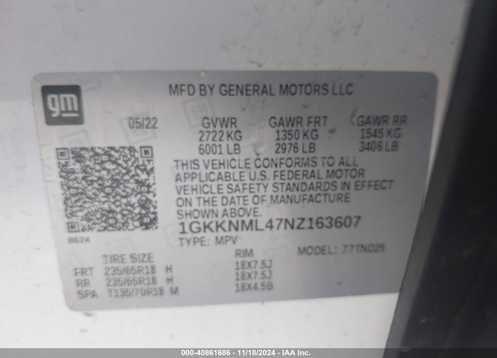2022 GMC ACADIA FWD SLT VIN: 1GKKNML47NZ163607