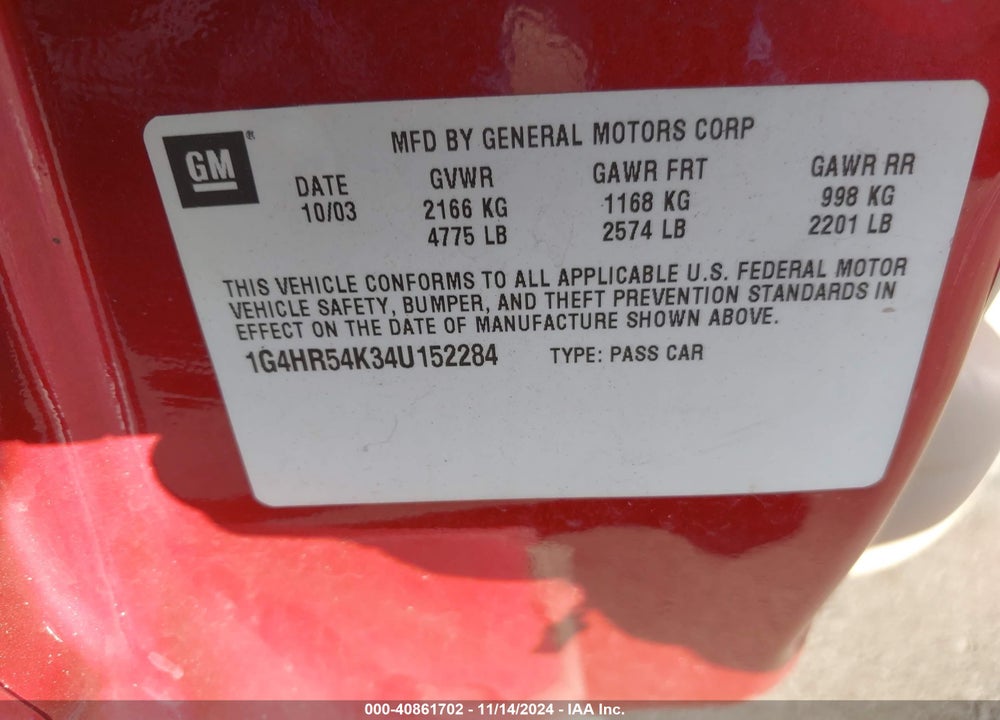 2004 BUICK LESABRE LIMITED VIN: 1G4HR54K34U152284