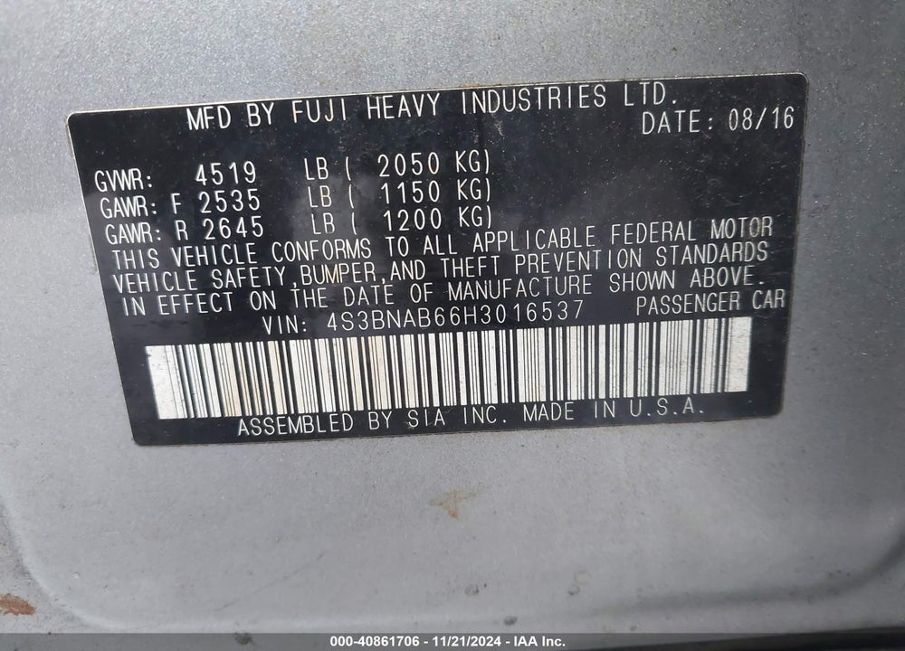 2017 SUBARU LEGACY VIN: 4S3BNAB66H3016537