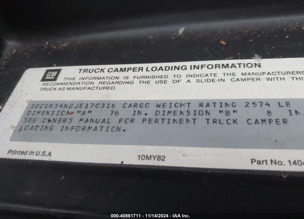 1988 CHEVROLET GMT-400 K3500 VIN: 1GCGK34N2JE170316