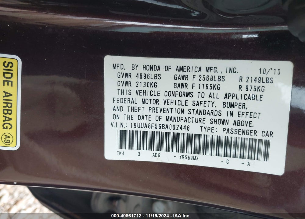 2011 ACURA TL 3.5 VIN: 19UUA8F56BA002446