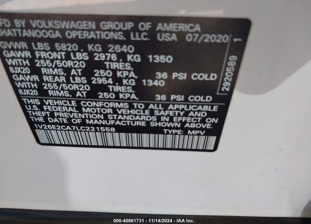 2020 VOLKSWAGEN ATLAS CROSS SPORT 3.6L V6 SE W/TECHNOLOGY/3.6L V6 SE W/TECHNOLOGY R-LINE VIN: 1V26E2CA7LC221558