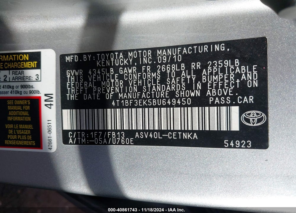 2011 TOYOTA CAMRY LE VIN: 4T1BF3EK5BU649450