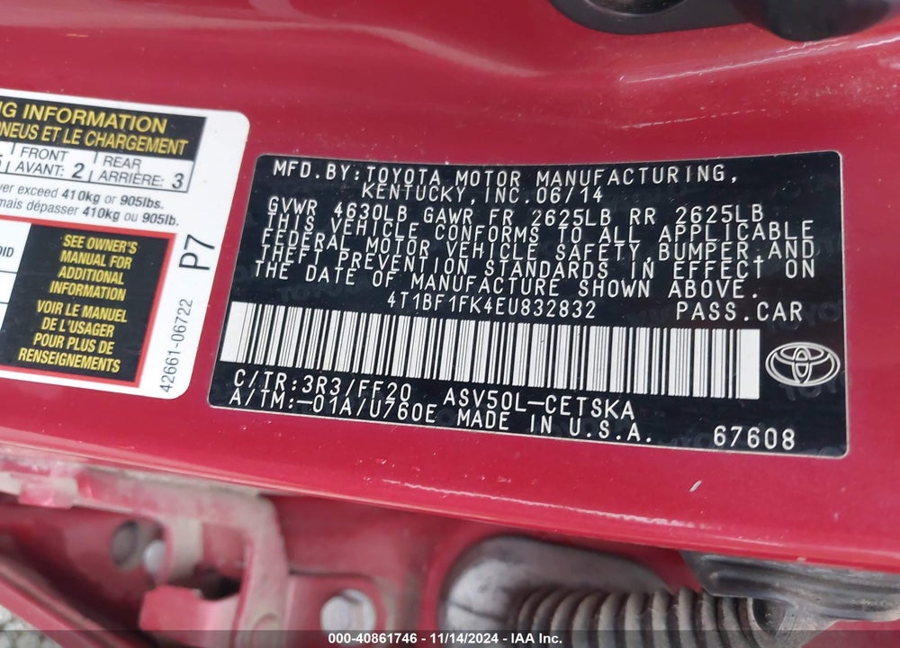 2014 TOYOTA CAMRY SE VIN: 4T1BF1FK4EU832832