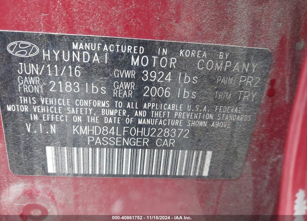 2017 HYUNDAI ELANTRA LIMITED VIN: KMHD84LF0HU228372