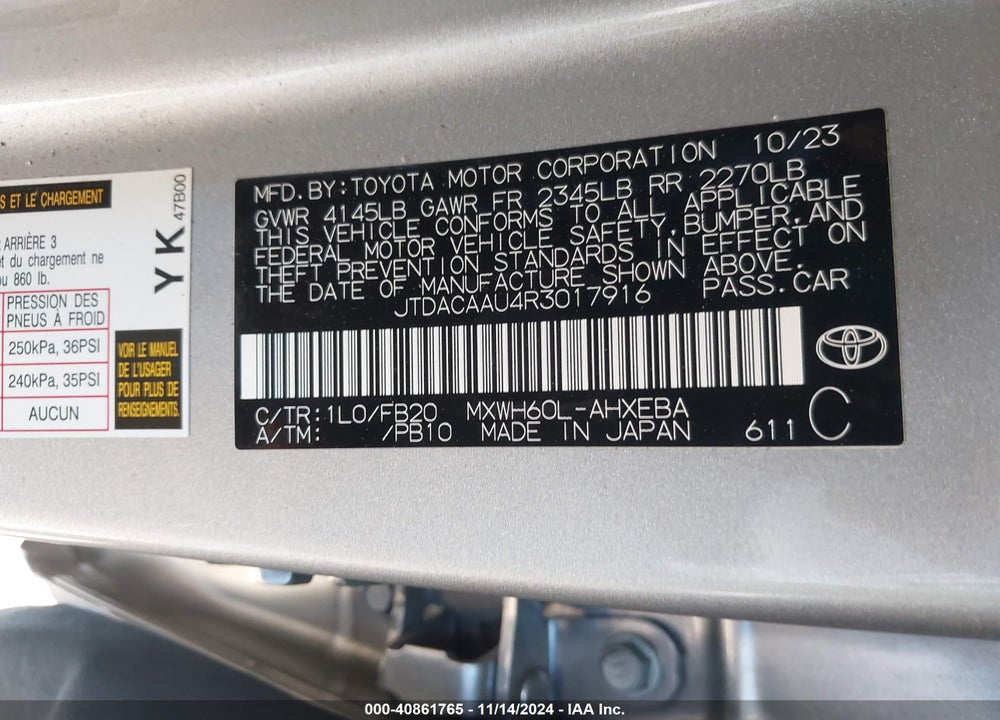 2024 TOYOTA PRIUS LE VIN: JTDACAAU4R3017916