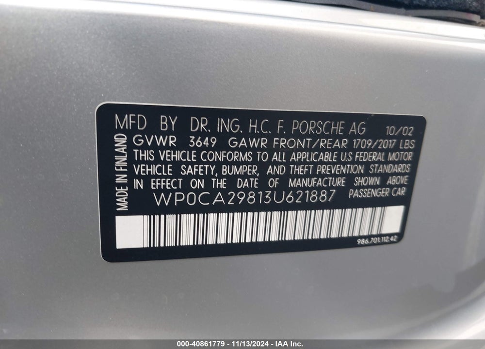 2003 PORSCHE BOXSTER VIN: WP0CA29813U621887
