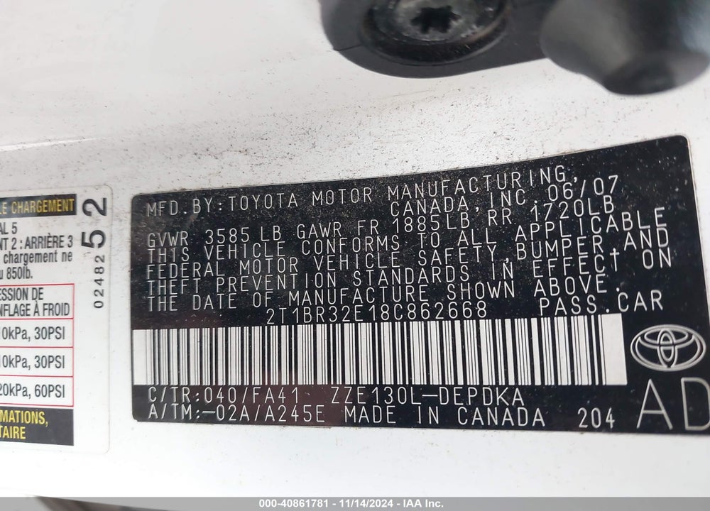2008 TOYOTA COROLLA CE VIN: 2T1BR32E18C862668