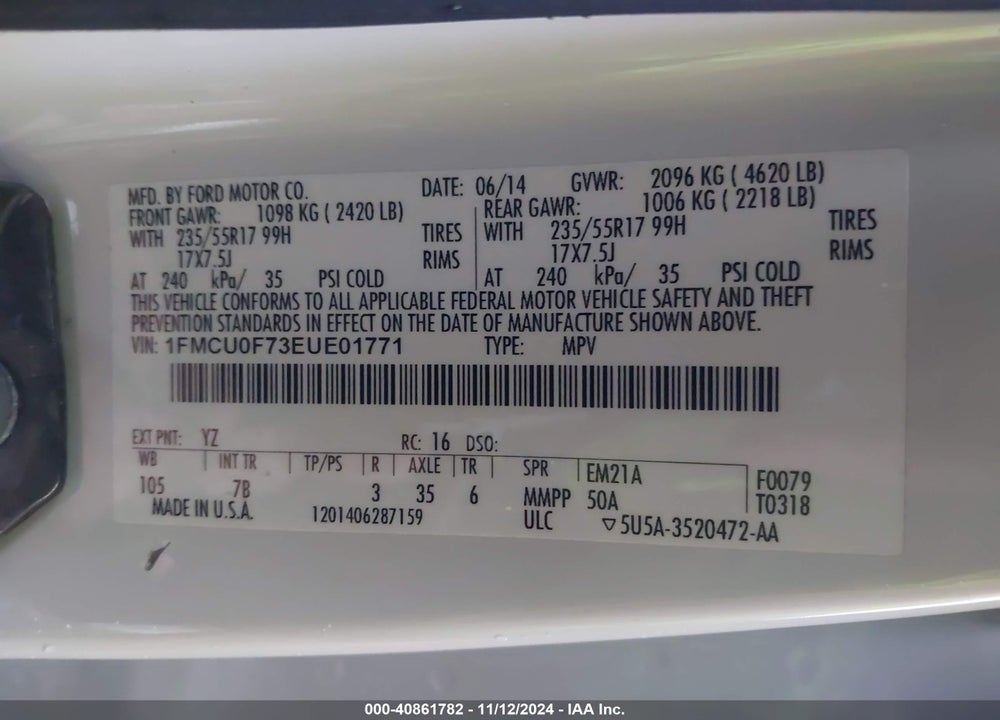 2014 FORD ESCAPE S VIN: 1FMCU0F73EUE01771
