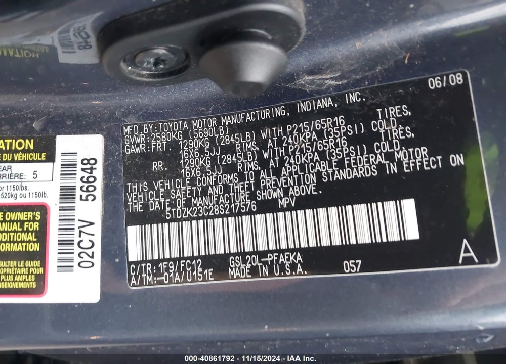 2008 TOYOTA SIENNA LE VIN: 5TDZK23C28S217576