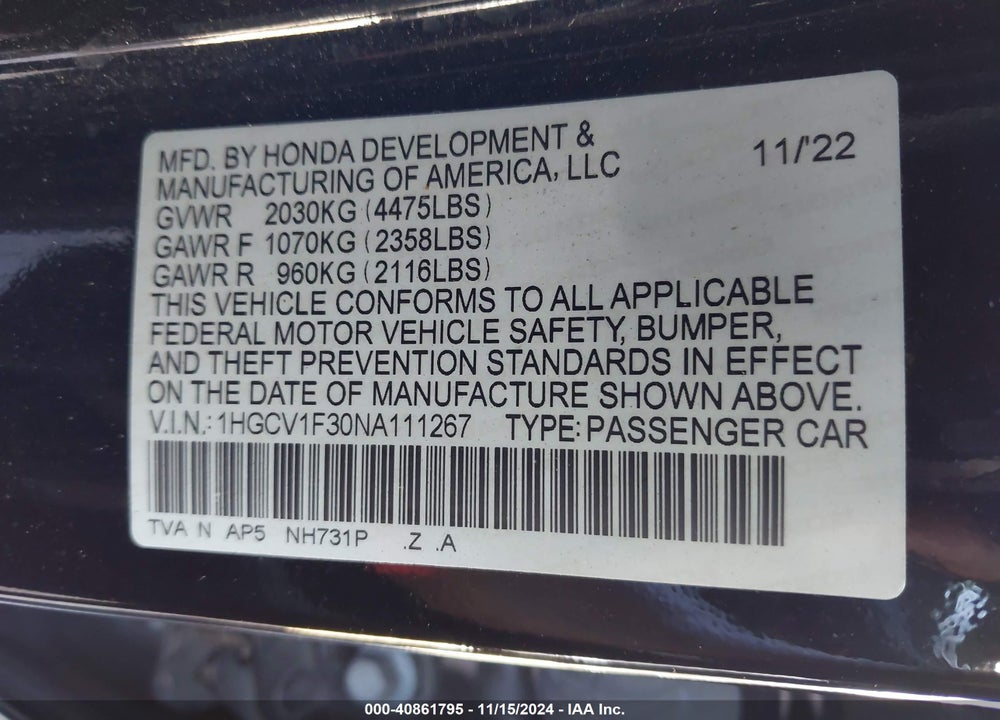 2022 HONDA ACCORD VIN: 1HGCV1F30NA111267