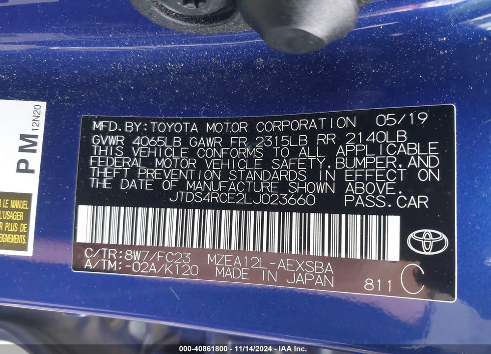 2020 TOYOTA COROLLA SE VIN: JTDS4RCE2LJ023660