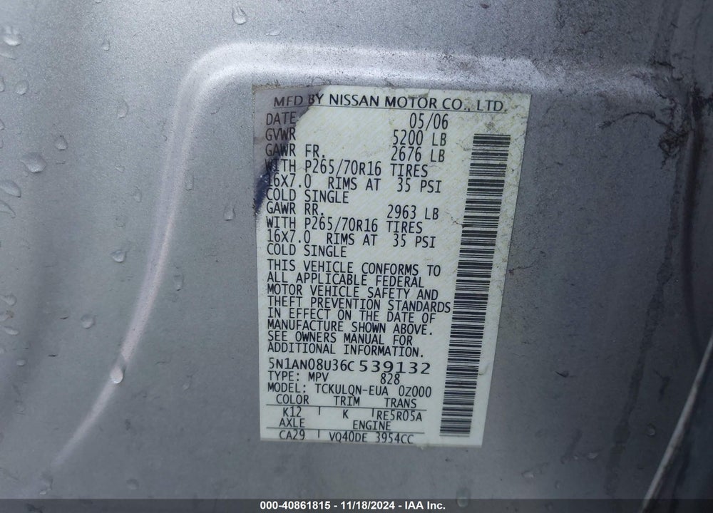 2006 NISSAN XTERRA X VIN: 5N1AN08U36C539132