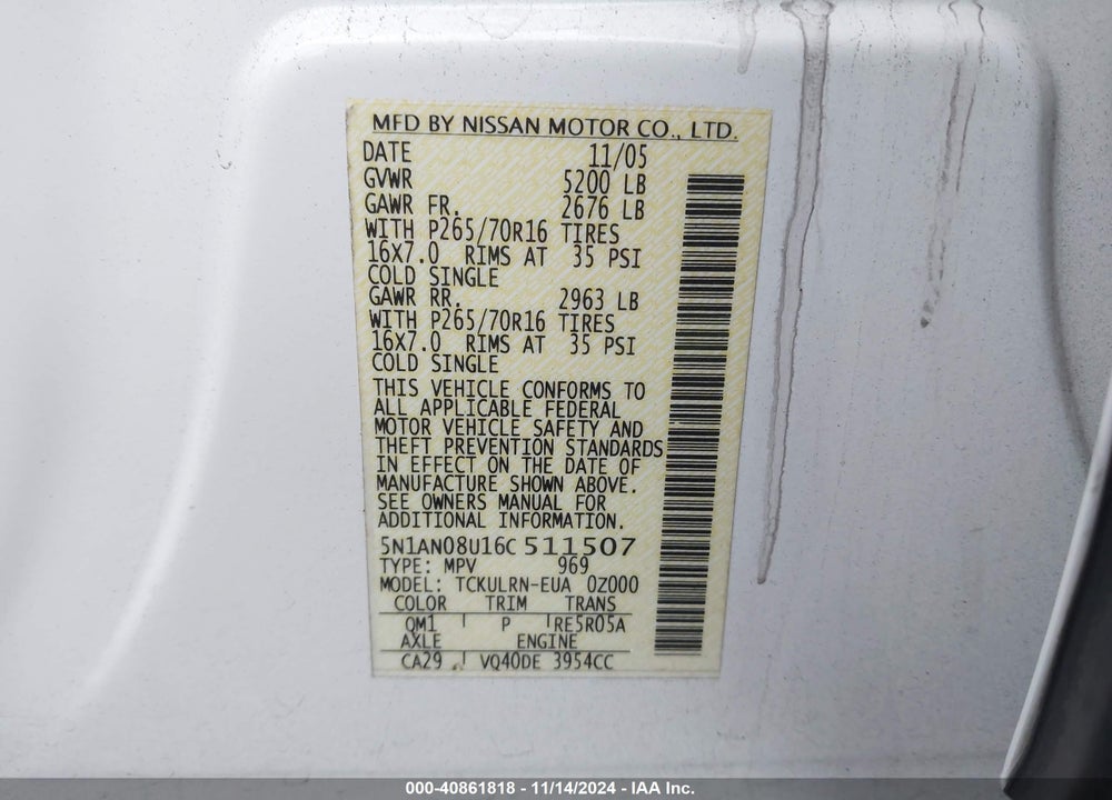 2006 NISSAN XTERRA S VIN: 5N1AN08U16C511507