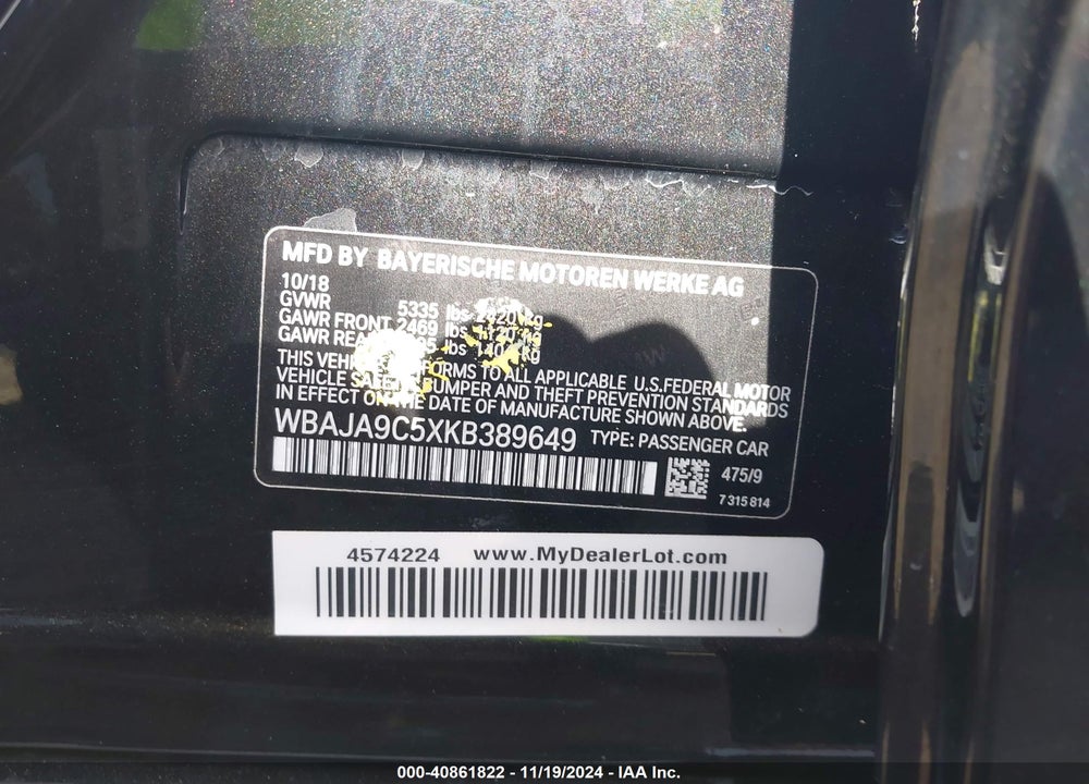 2019 BMW 530E IPERFORMANCE VIN: WBAJA9C5XKB389649