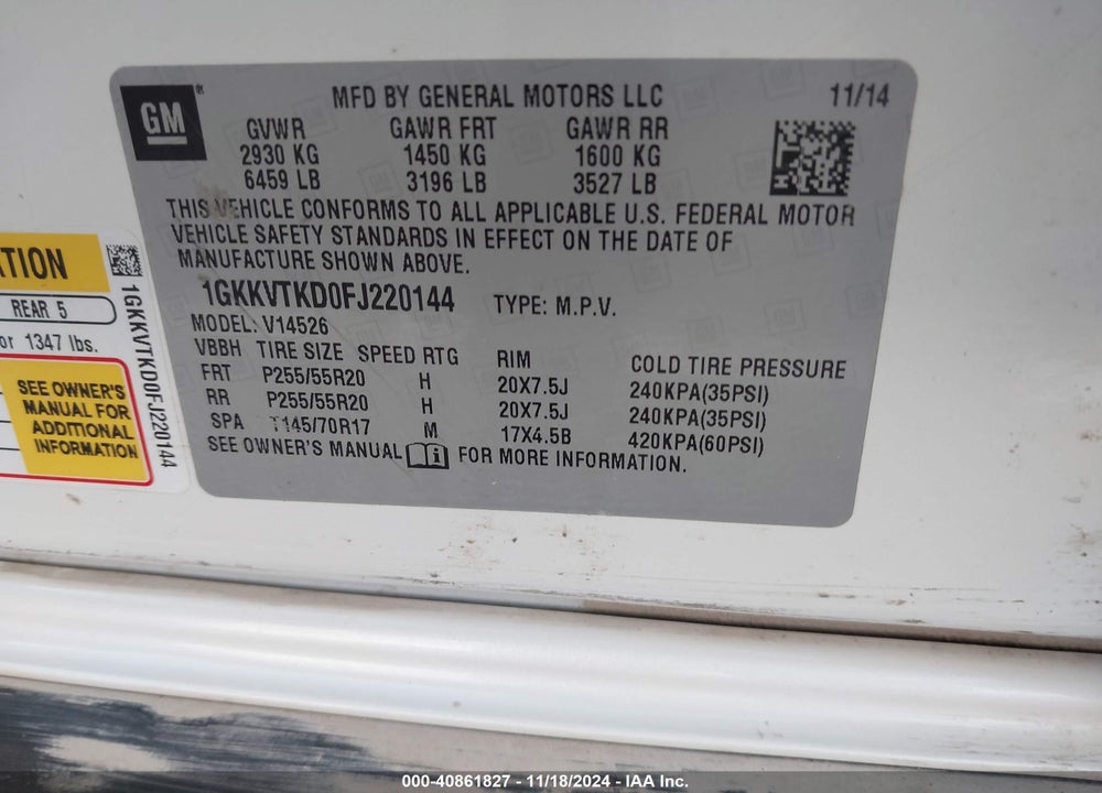 2015 GMC ACADIA DENALI VIN: 1GKKVTKD0FJ220144
