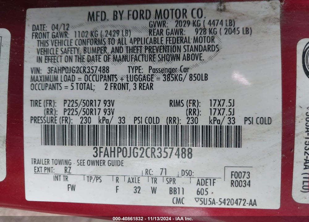 2012 FORD FUSION VIN: 3FAHP0JG2CR357488