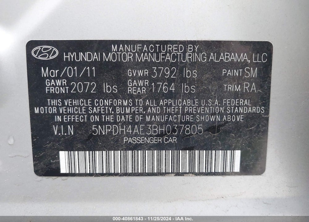 2011 HYUNDAI ELANTRA GLS VIN: 5NPDH4AE3BH037805