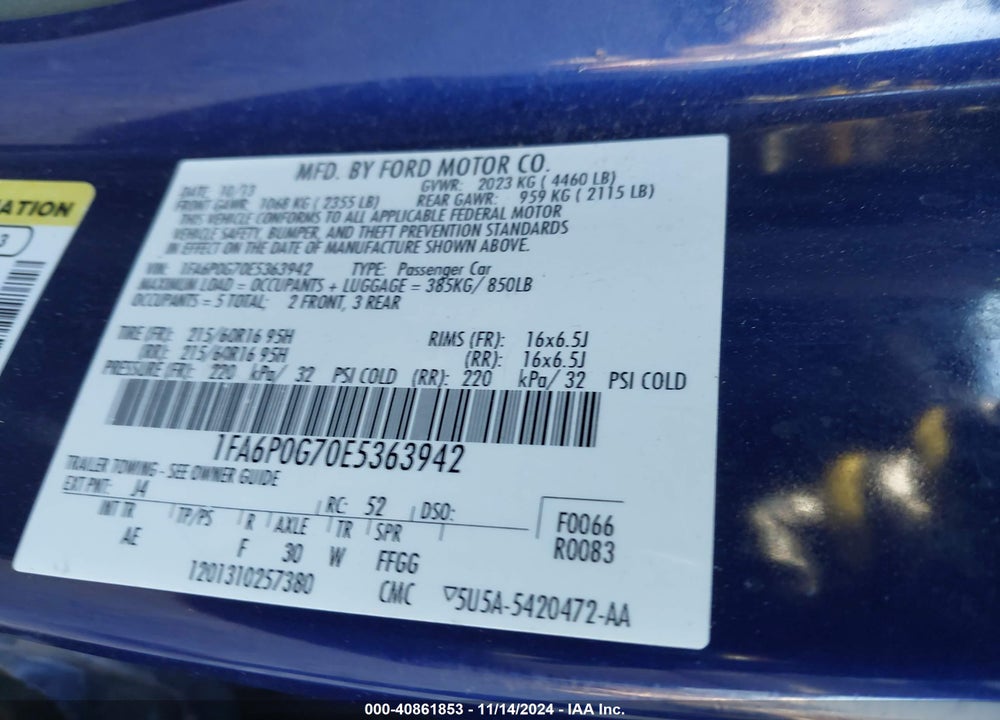 2014 FORD FUSION S VIN: 1FA6P0G70E5363942