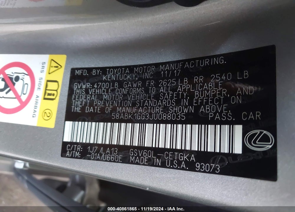 2018 LEXUS ES 350 VIN: 58ABK1GG3JU088035