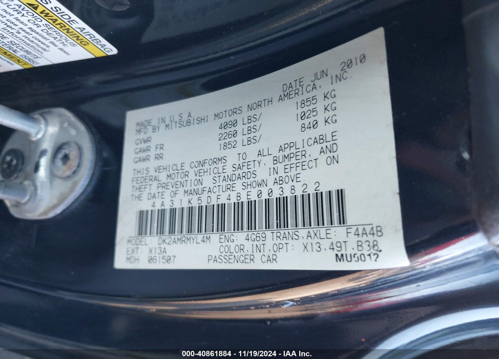 2011 MITSUBISHI ECLIPSE GS/GS SPORT VIN: 4A31K5DF4BE003822