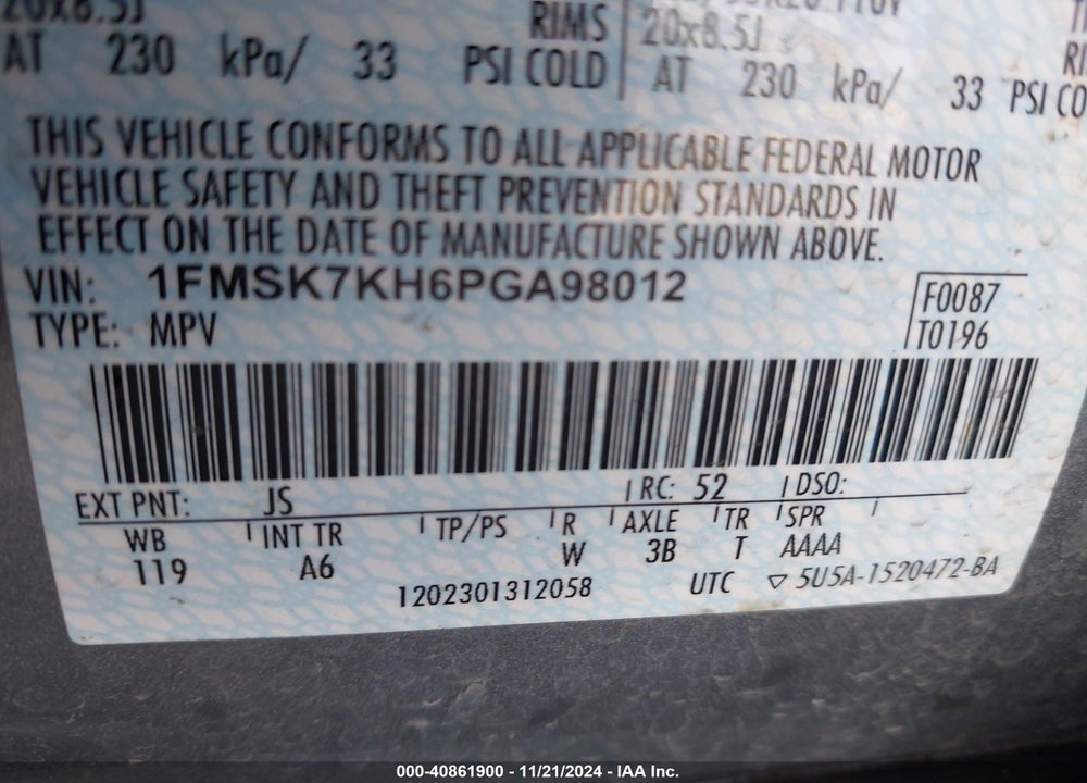 2023 FORD EXPLORER ST-LINE VIN: 1FMSK7KH6PGA98012