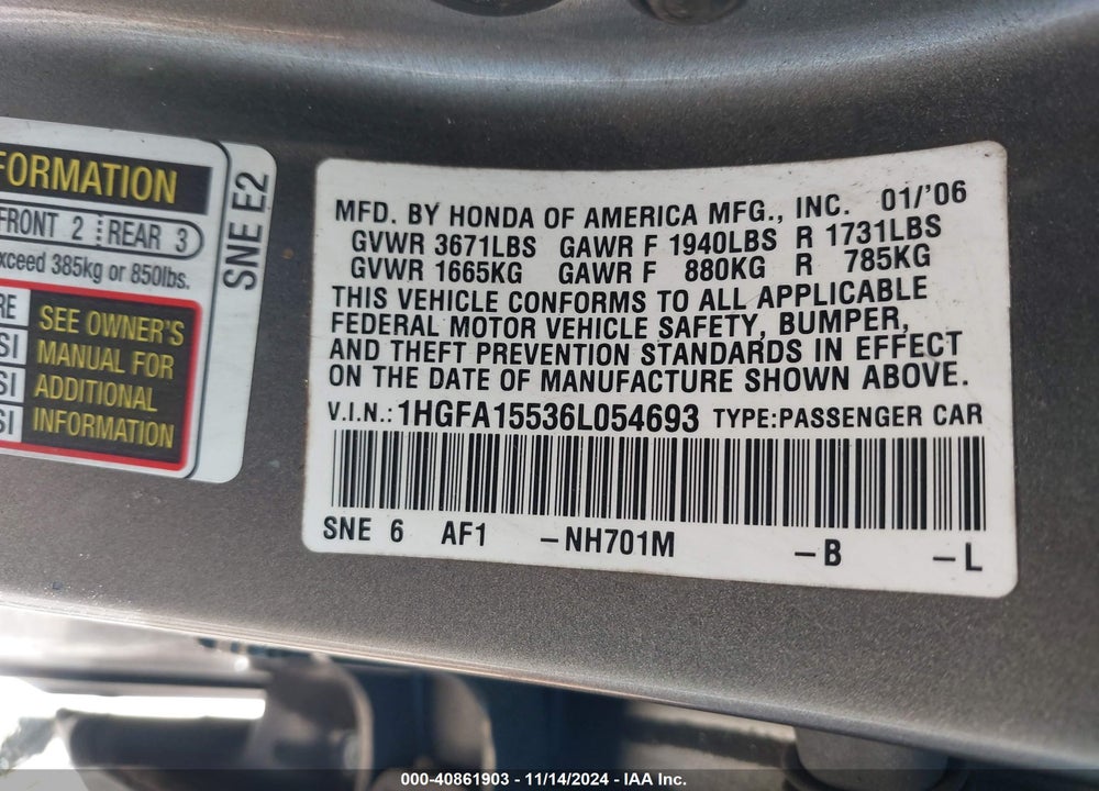 2006 HONDA CIVIC LX VIN: 1HGFA15536L054693