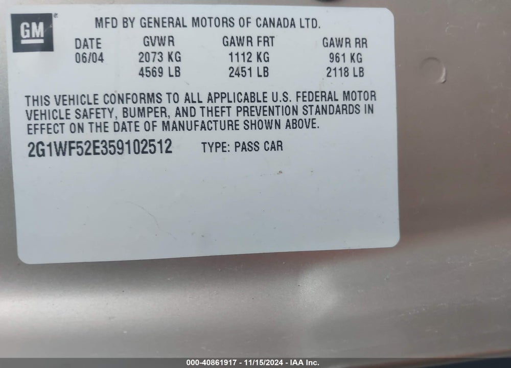 2005 CHEVROLET IMPALA VIN: 2G1WF52E359102512