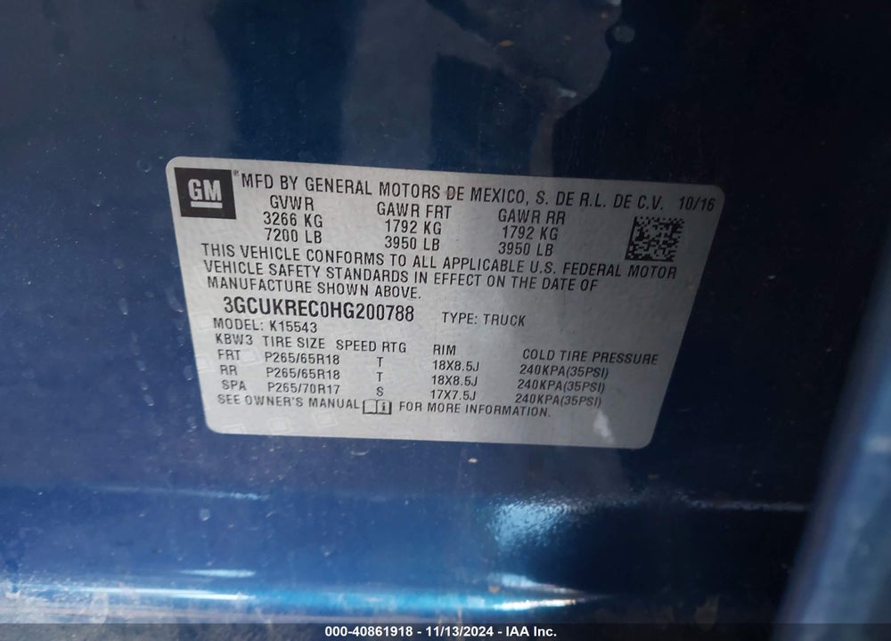 2017 CHEVROLET SILVERADO 1500 2LT VIN: 3GCUKREC0HG200788