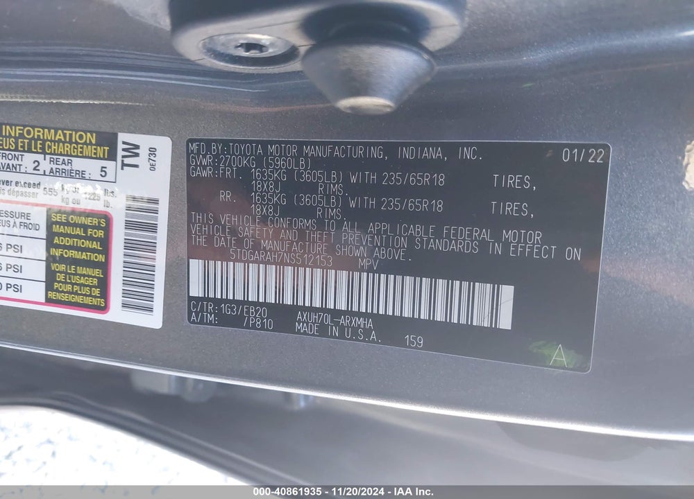 2022 TOYOTA HIGHLANDER HYBRID XLE VIN: 5TDGARAH7NS512153