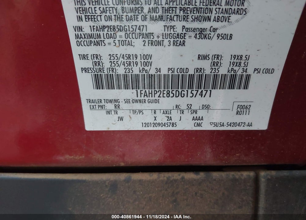 2013 FORD TAURUS SEL VIN: 1FAHP2E85DG157471