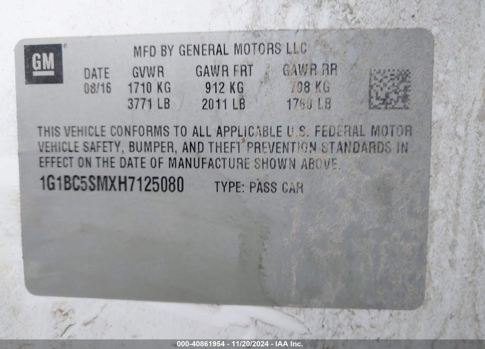 2017 CHEVROLET CRUZE LS AUTO VIN: 1G1BC5SMXH7125080