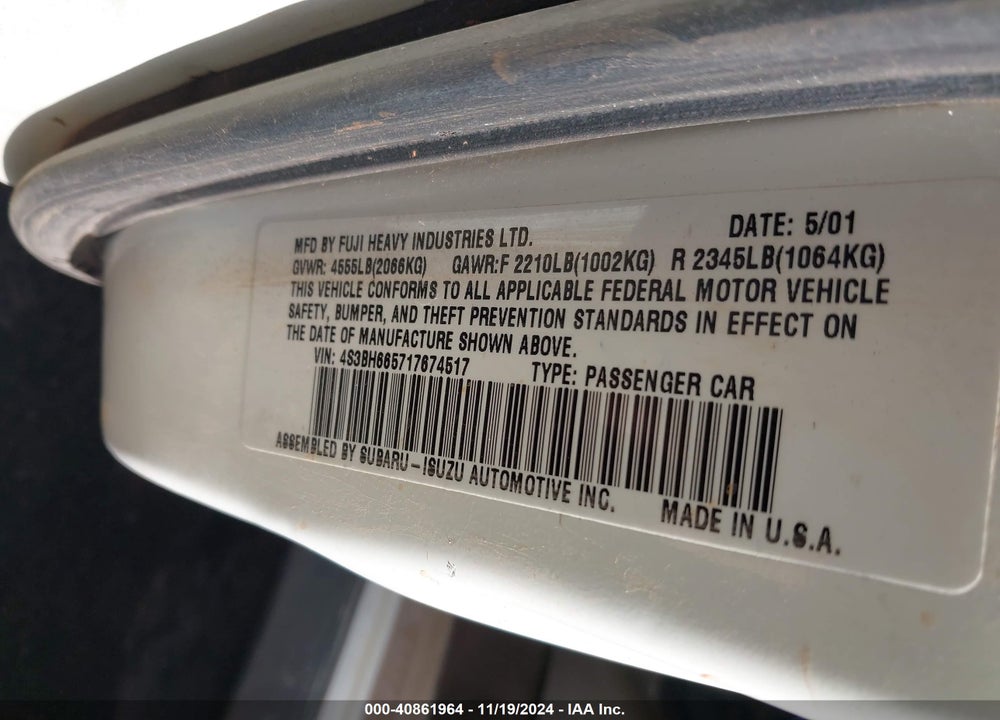 2001 SUBARU OUTBACK VIN: 4S3BH665717674517