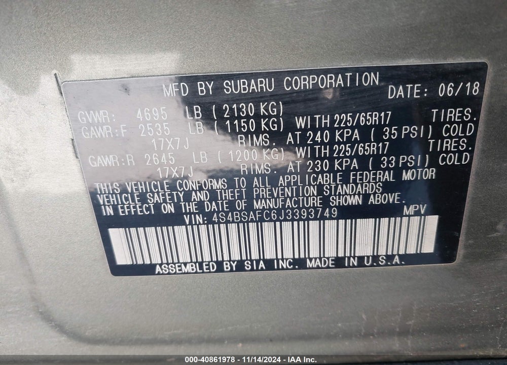 2018 SUBARU OUTBACK VIN: 4S4BSAFC6J3393749