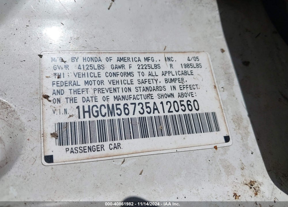 2005 HONDA ACCORD 2.4 EX VIN: 1HGCM56735A120560