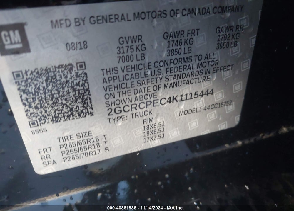 2019 CHEVROLET SILVERADO 1500 LD VIN: 2GCRCPEC4K1115444