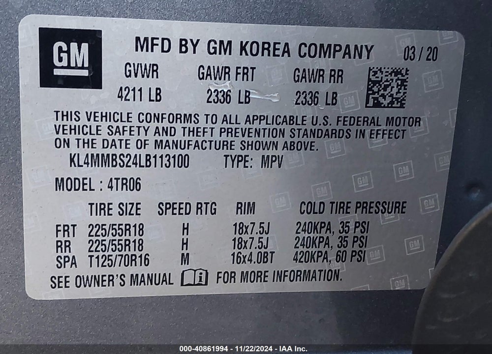 2020 BUICK ENCORE GX FWD PREFERRED VIN: KL4MMBS24LB113100