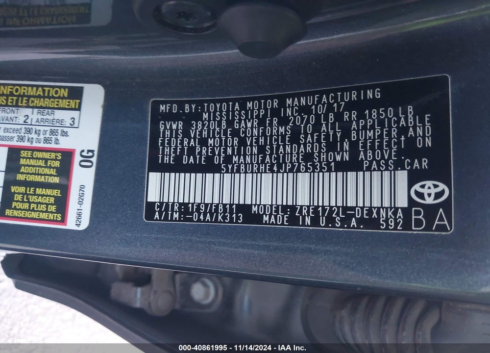 2018 TOYOTA COROLLA LE VIN: 5YFBURHE4JP765351