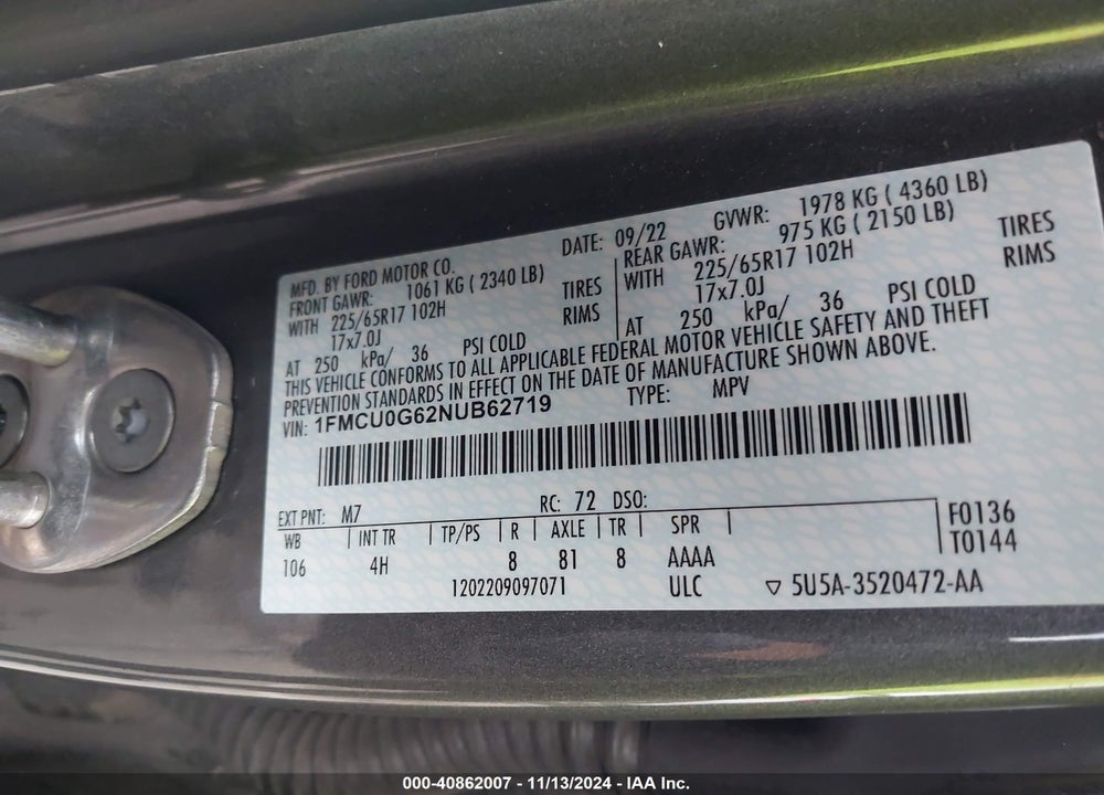 2022 FORD ESCAPE SE VIN: 1FMCU0G62NUB62719