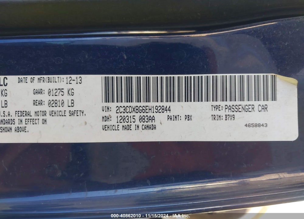 2014 DODGE CHARGER SE VIN: 2C3CDXBG6EH192844