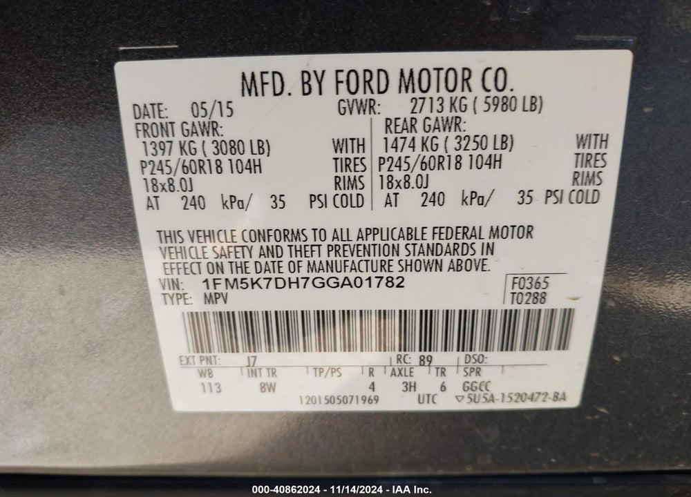 2016 FORD EXPLORER XLT VIN: 1FM5K7DH7GGA01782