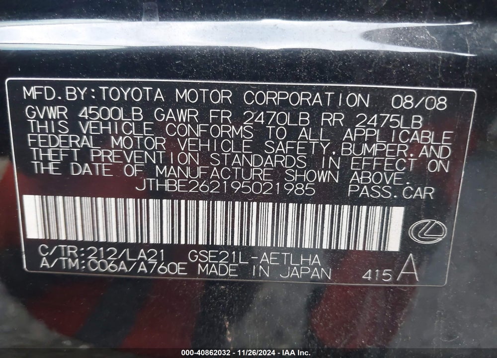 2009 LEXUS IS 350 VIN: JTHBE262195021985